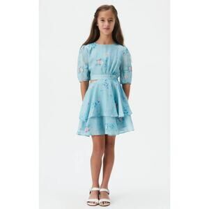 BARDOT Girls Cindy Floral Cut Out Dress Size 8 Blue Flora Short Sleeve NWT